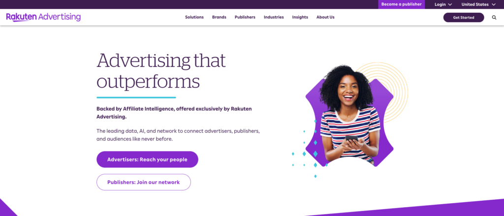 Página inicial da Rakuten Advertising