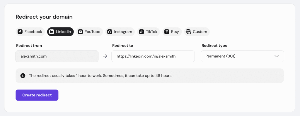 Configurações de encaminhamento do registrador de domínio com o URL do LinkedIn inserido