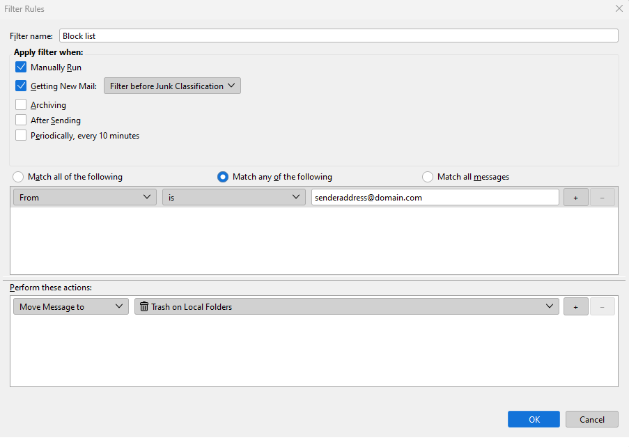 Janela pop-up com regras de filtro do Thunderbird