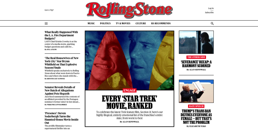 Página inicial da Rolling Stone
