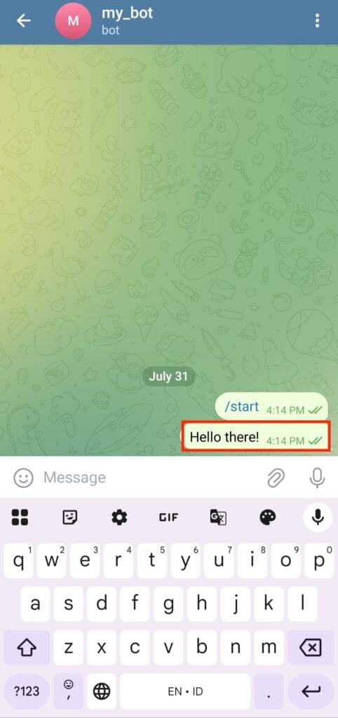 Envie uma mensagem de teste para o novo bot do Telegram.