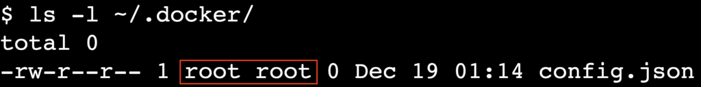 Saída do terminal mostrando a propriedade root dos arquivos de configuração do Docker.