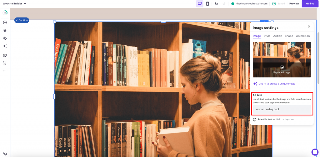 Configurações de imagem para escrever texto alternativo para imagens exibidas no site.