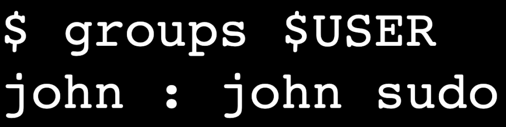 Saída do terminal mostrando as associações de grupo de usuários Linux atuais.