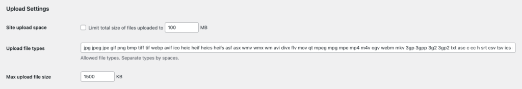 Configurações de rede do WordPress mostrando a seção Configurações de upload