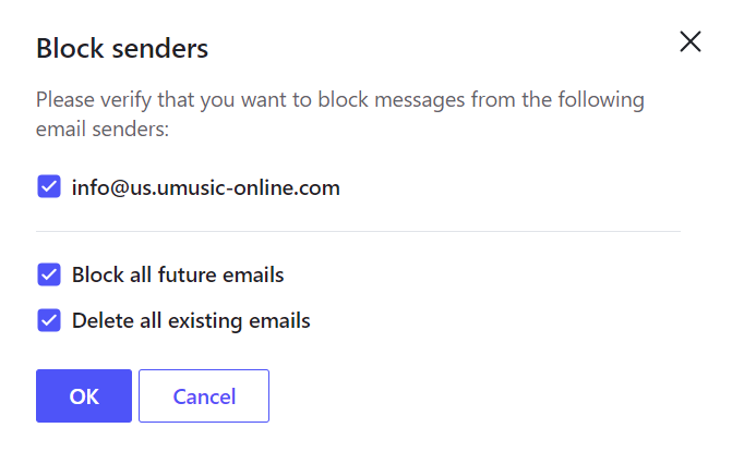 Uma janela pop-up solicita a confirma&ccedil;&atilde;o para bloquear e-mails atuais e futuros do endere&ccedil;o de e-mail bloqueado.