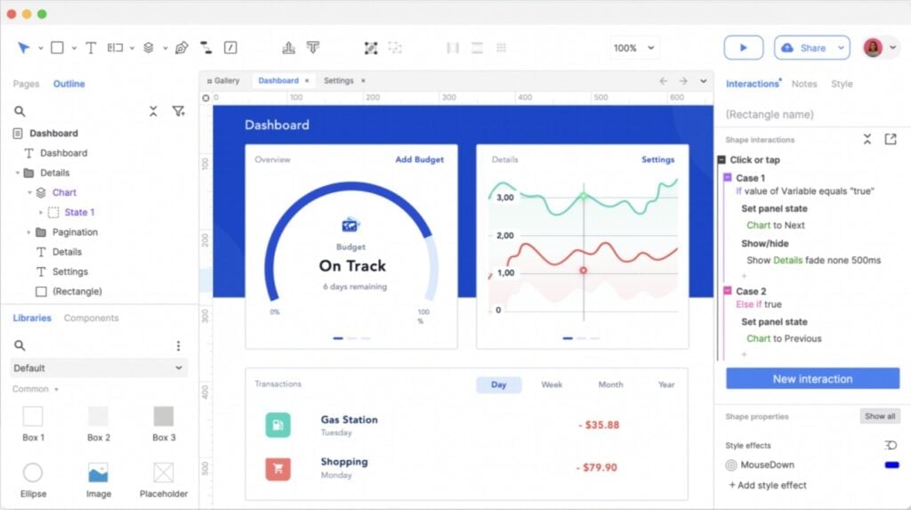 Captura de tela mostrando um exemplo da interface de usu&aacute;rio do Axure RP.