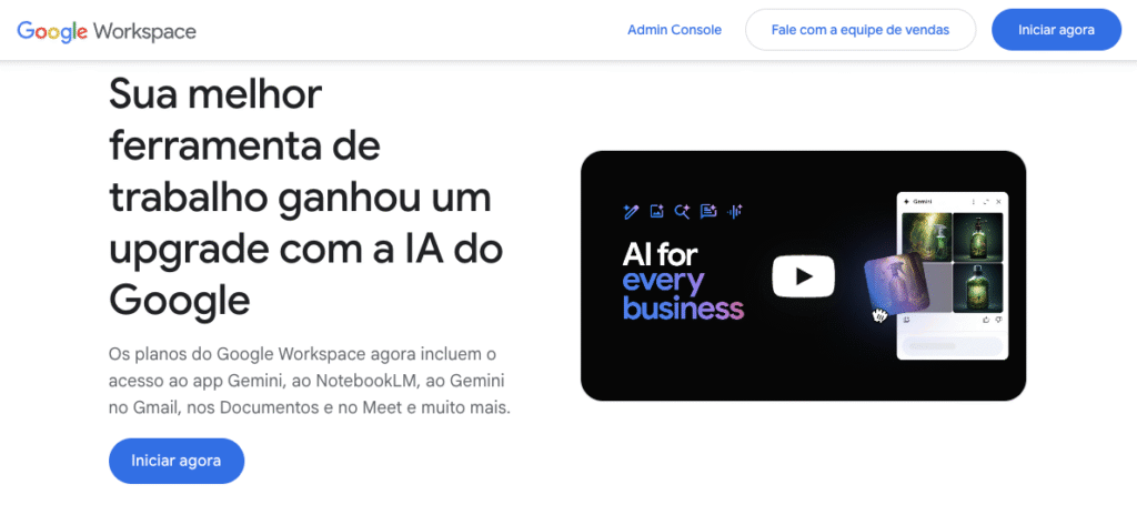p&aacute;gina do google workspace com IA
