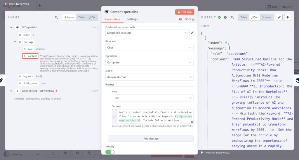 O painel de entrada, di&aacute;logo de configura&ccedil;&atilde;o e painel de sa&iacute;da do n&oacute; especialista em conte&uacute;do DeepSeek no n8n.