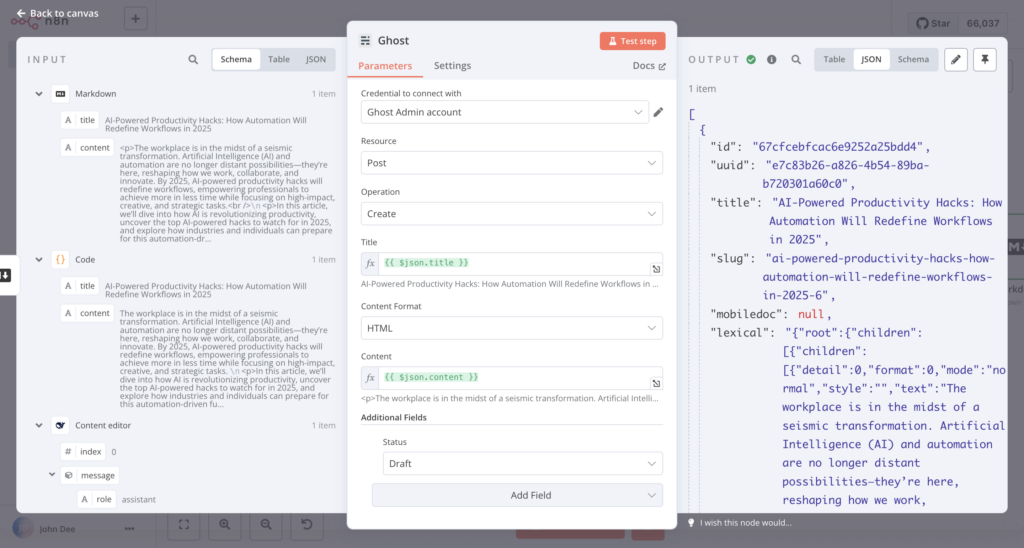 Painel de entrada, caixa de di&aacute;logo de configura&ccedil;&atilde;o e painel de sa&iacute;da do n&oacute; Ghost no n8n.