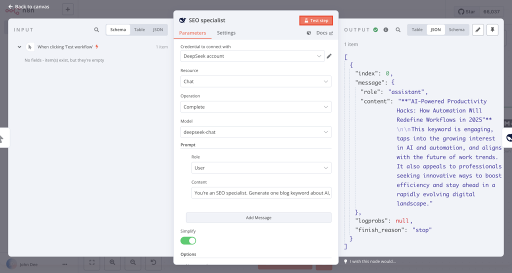 Painel de entrada, di&aacute;logo de configura&ccedil;&atilde;o e painel de sa&iacute;da do n&oacute; especialista em SEO DeepSeek no n8n.