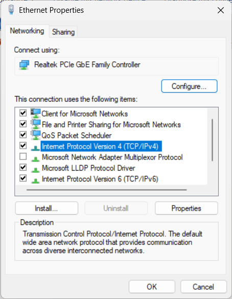 Propriedades de Ethernet no Windows com a entrada TCP/IPv4 destacada