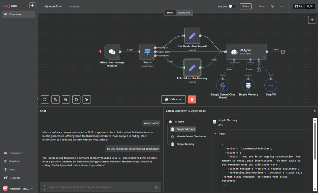Testando a fun&ccedil;&atilde;o de mem&oacute;ria do agente de IA.