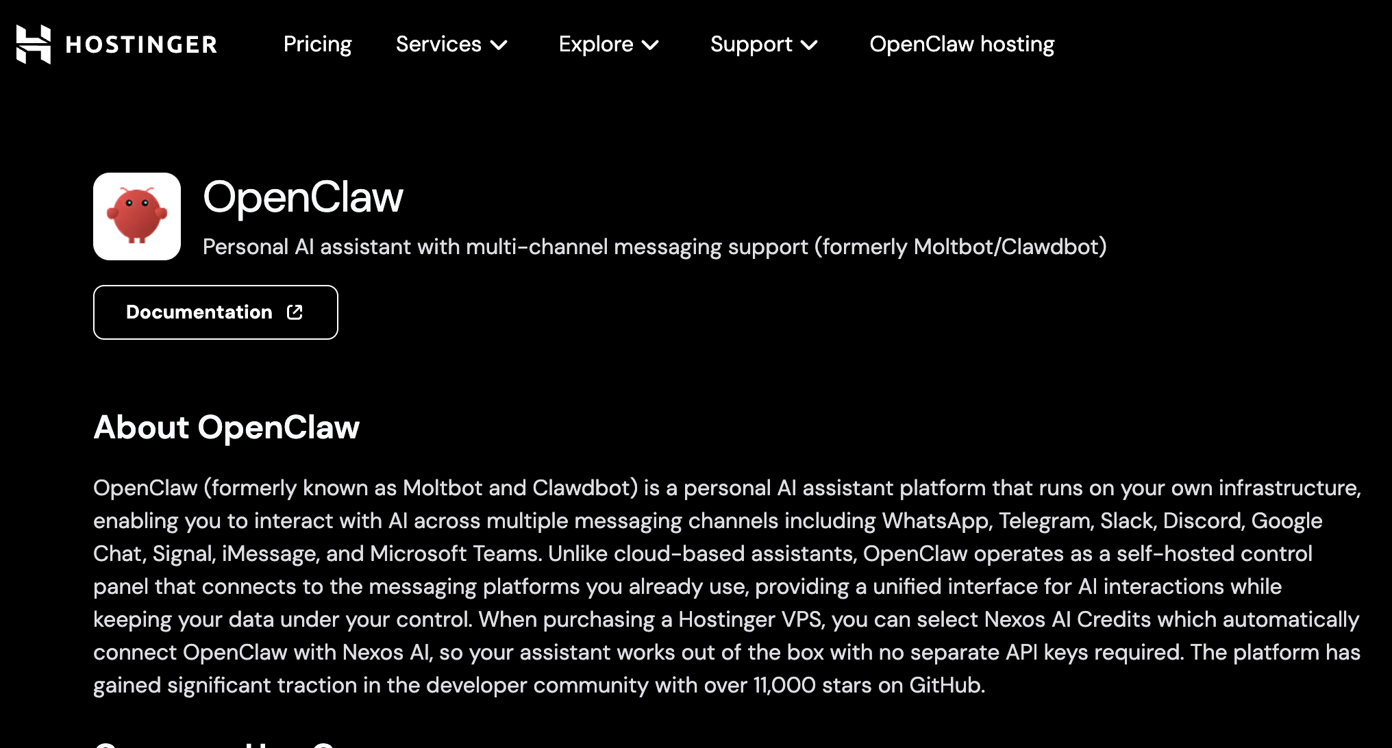Interface do Hostinger OpenClaw VPS mostrando a integra&ccedil;&atilde;o do Nexos AI Credits para uso de tokens de IA inclu&iacute;dos.