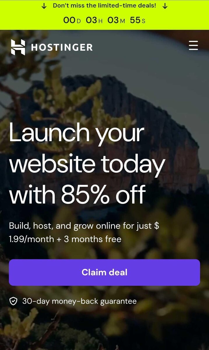 Captura de tela da p&aacute;gina inicial da Hostinger em um dispositivo m&oacute;vel.