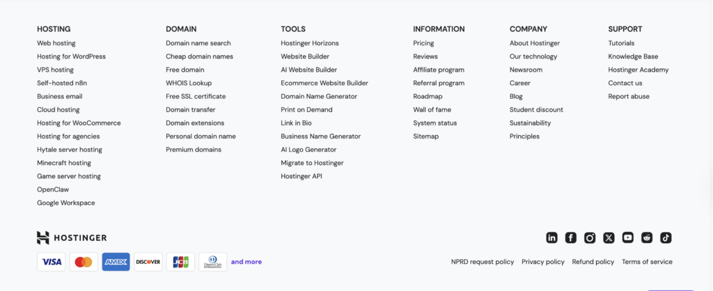 Rodap&eacute; da p&aacute;gina inicial da Hostinger