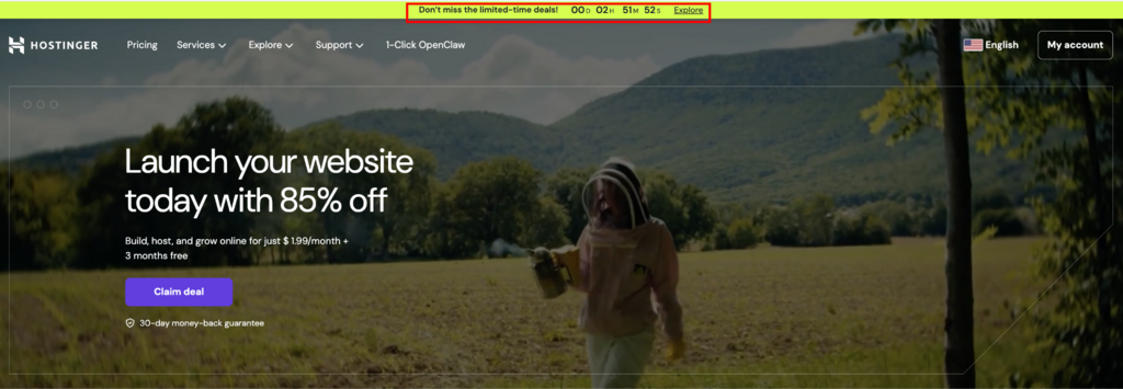 Banner de ofertas por tempo limitado da Hostinger na p&aacute;gina inicial