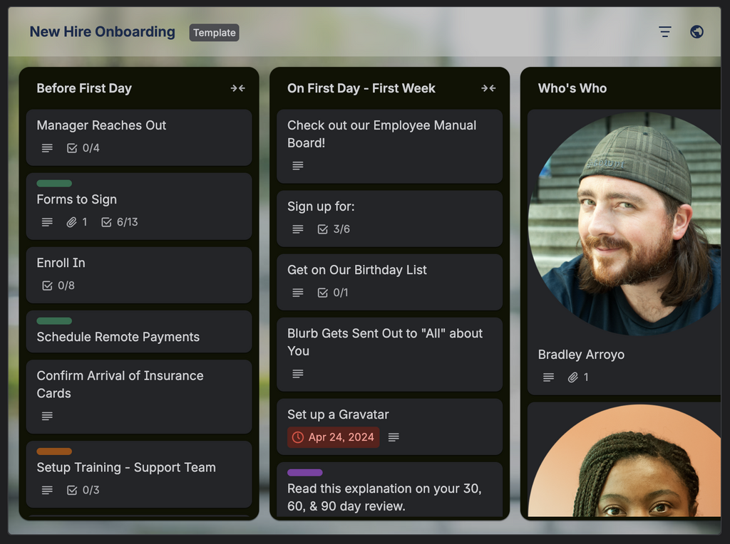 captura de tela do modelo de integração de novos funcionários do Trello