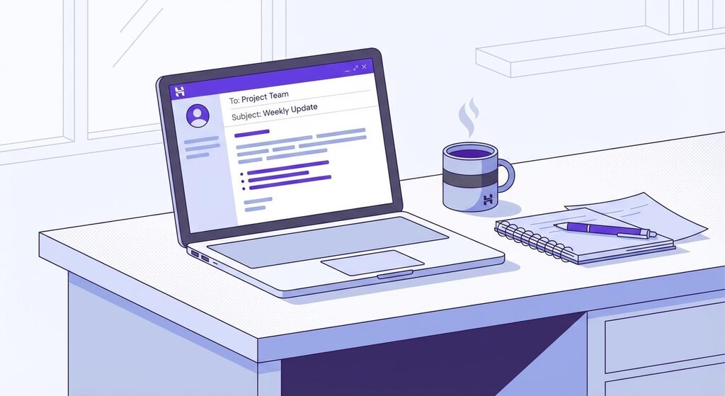 Ilustra&ccedil;&atilde;o de uma mesa de trabalho com anota&ccedil;&otilde;es, caf&eacute; e um laptop mostrando um e-mail aberto.