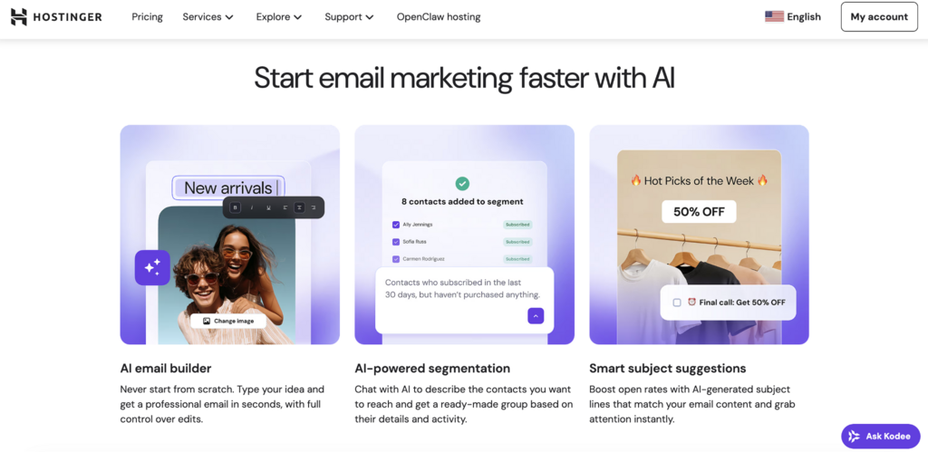 Recursos da p&aacute;gina de marketing por e-mail do Hostinger Reach