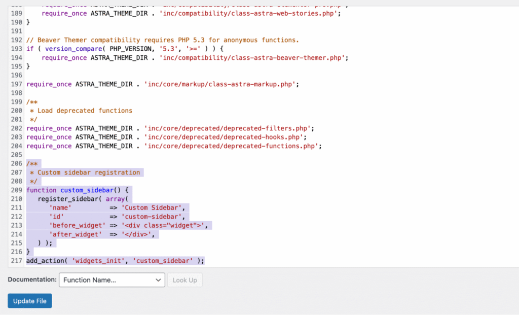 Editor de Arquivos do Tema exibindo c&oacute;digo de barra lateral personalizada adicionado ao final do functions.php