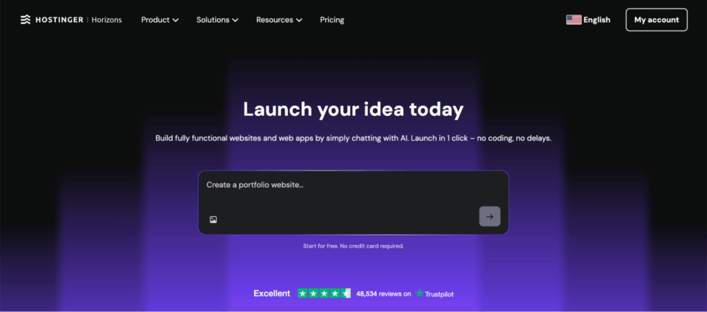 P&aacute;gina inicial do Hostinger Horizons