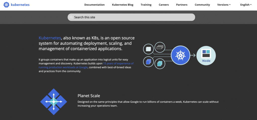 P&aacute;gina inicial do site do Kubernetes