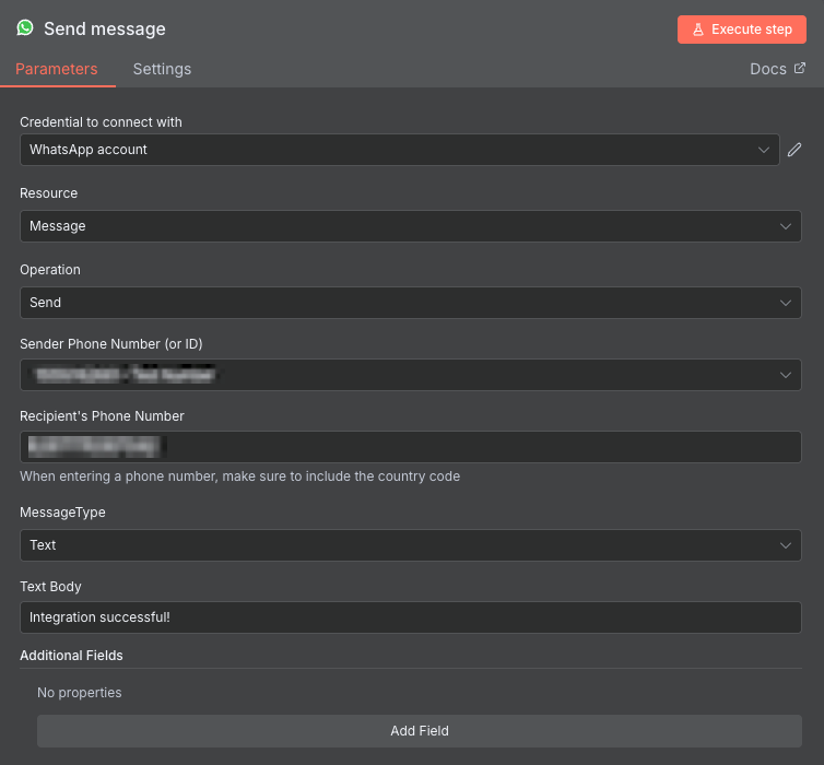 A janela de configura&ccedil;&atilde;o do n&oacute; de a&ccedil;&atilde;o Enviar Mensagem do WhatsApp