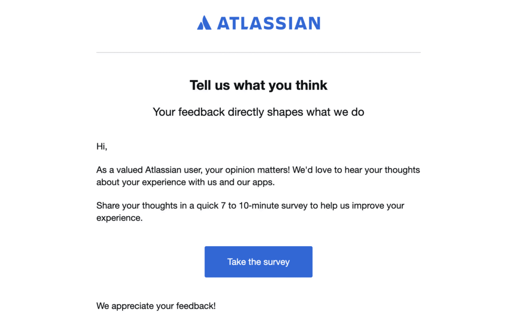 Newsletter por e-mail da Atlassian com um bot&atilde;o de chamada para a&ccedil;&atilde;o (CTA).