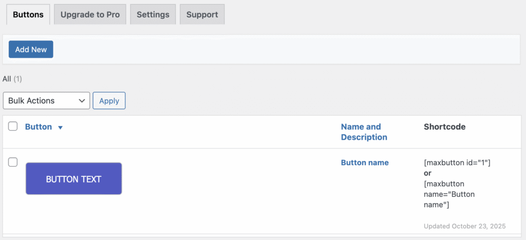 A lista de bot&otilde;es existentes no menu Bot&otilde;es do MaxButtons
