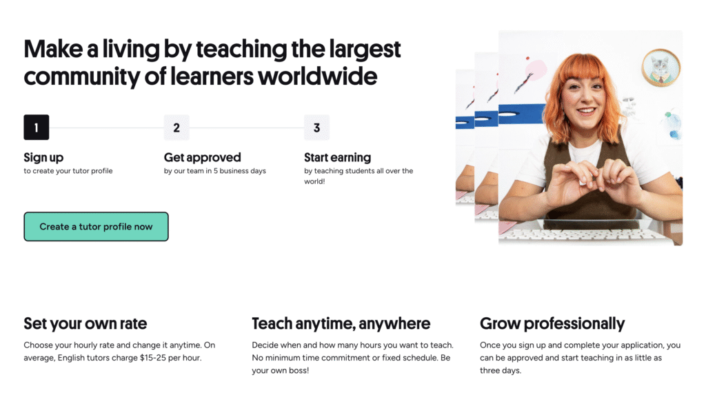 A p&aacute;gina inicial da Preply apresenta uma mulher gesticulando enquanto est&aacute; sentada em uma mesa com um computador, cercada por obras de arte, promovendo oportunidades de tutoria online.