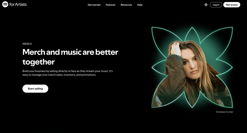 Imagem promocional do Spotify for Artists que destaca a integra&ccedil;&atilde;o de produtos licenciados e m&uacute;sica, com um elemento de design estilizado e luminoso.