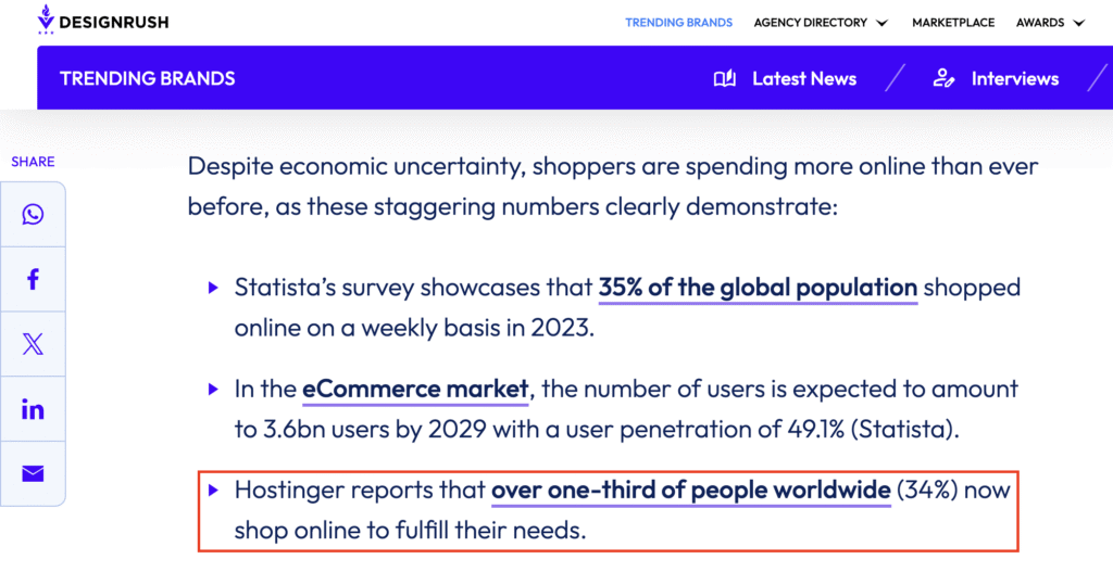 Artigo da DesignRush citando as estat&iacute;sticas originais de com&eacute;rcio eletr&ocirc;nico da Hostinger.