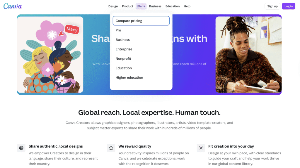 Duas mulheres ilustradas se abra&ccedil;am, rodeadas de flores, em uma p&aacute;gina da Canva que promove servi&ccedil;os e projetos de design.