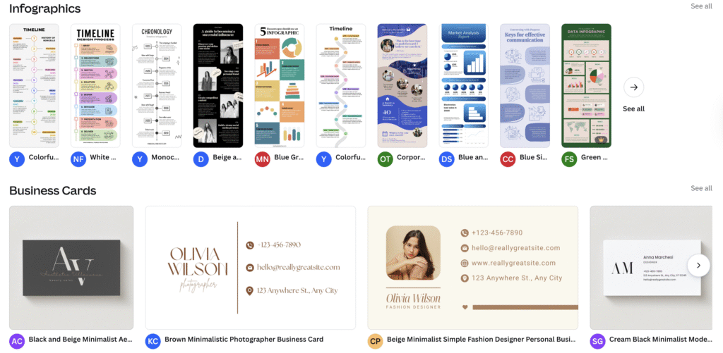 Uma cole&ccedil;&atilde;o de infogr&aacute;ficos e cart&otilde;es de visita, apresentando diversos designs em estilos coloridos, minimalistas e profissionais.