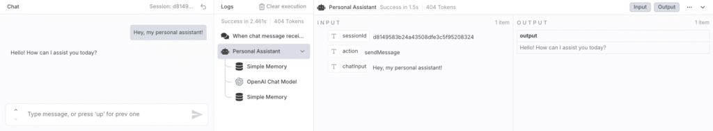 Uma captura de tela da caixa de chat de teste integrada do editor do n8n para o nó Chat Trigger.