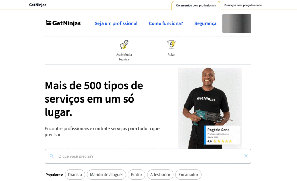 P&aacute;gina inicial do Getninjas exibindo v&aacute;rios servi&ccedil;os dom&eacute;sticos como diarista, pintor e encanador.