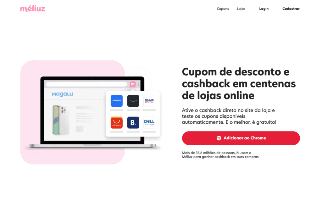 P&aacute;gina inicial do M&eacute;liuz oferecendo cupons de desconto e cashback.