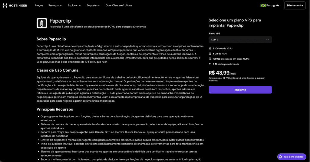 Melhores hospedagens para paperclip: p&aacute;gina do VPS para Paperclip da Hostinger