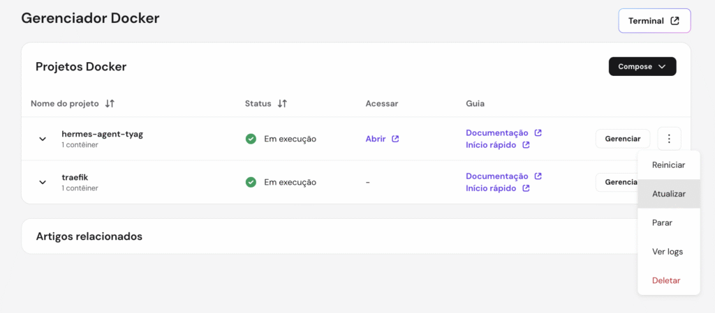 Configurar Hermes Agent: Tela de atualiza&ccedil;&atilde;o automatica da Hostinger