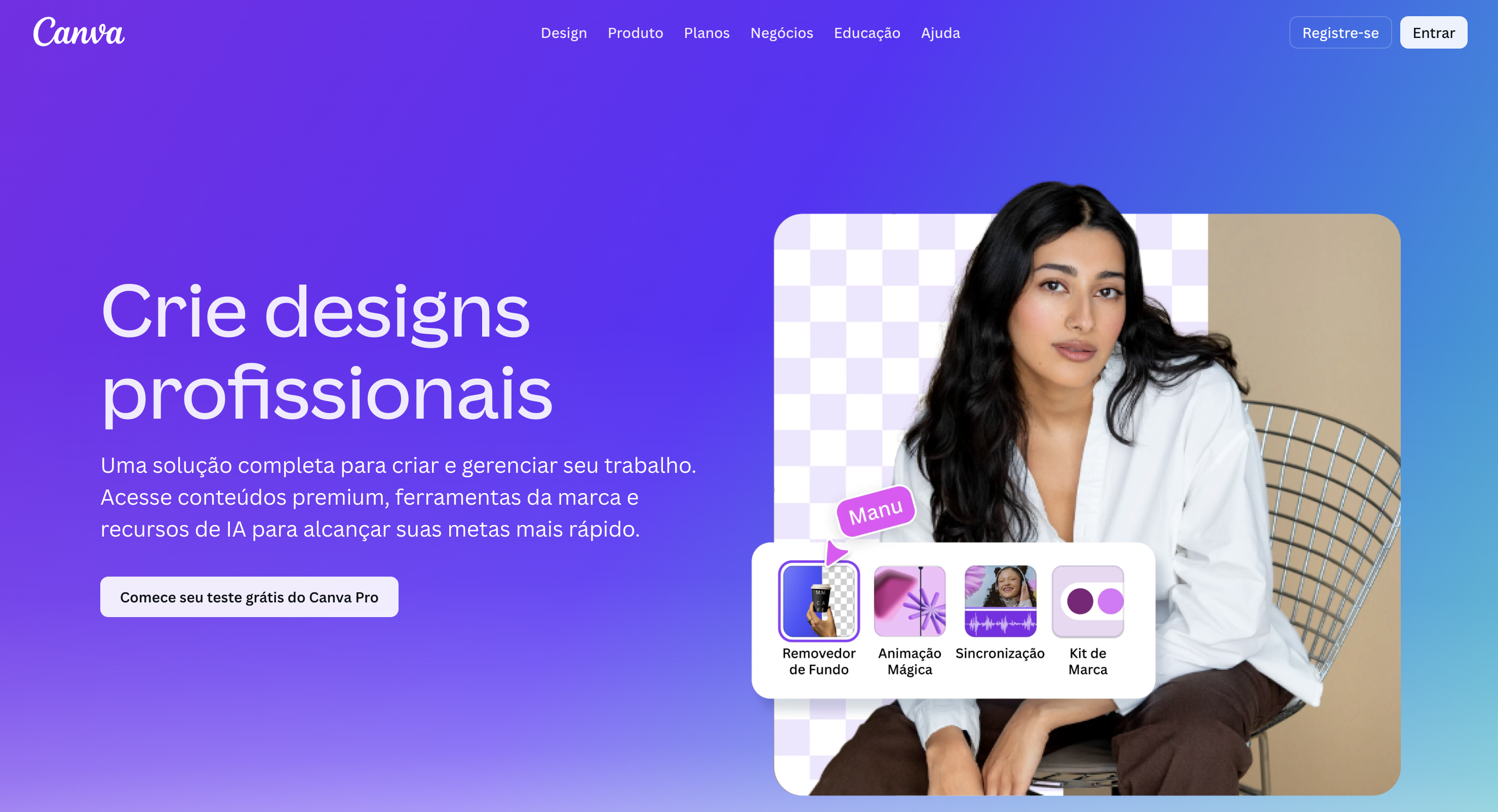 Site para come&ccedil;ar seu teste gr&aacute;tis com uma imagem de uma mulher, bem trabalhada, altamente profissional e maqueada.