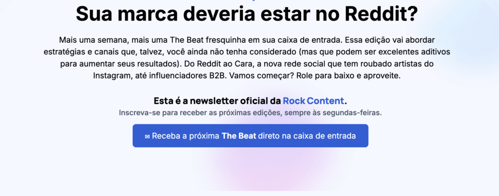 P&aacute;gina com foco no CTA para receber a newsletter da Rock Content