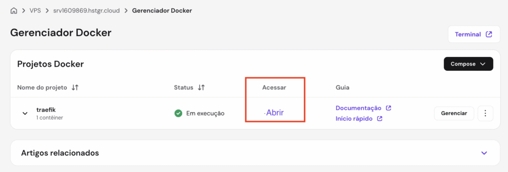 Gerenciador Docker no painel Hostinger