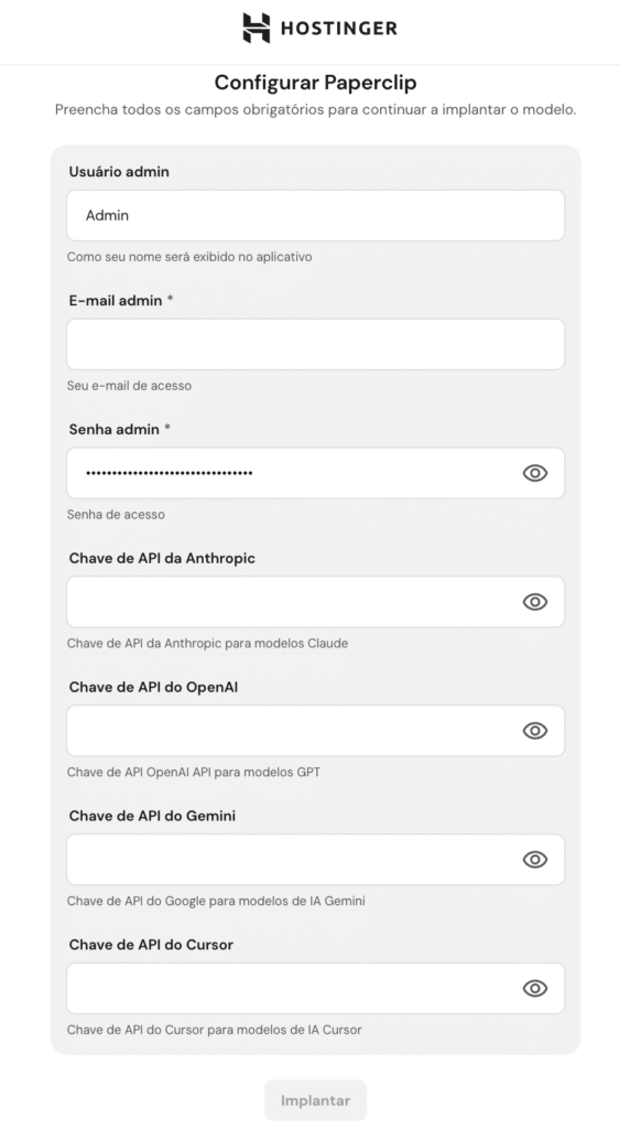 Tela de configura&ccedil;&atilde;o do Paperclip da Hostinger