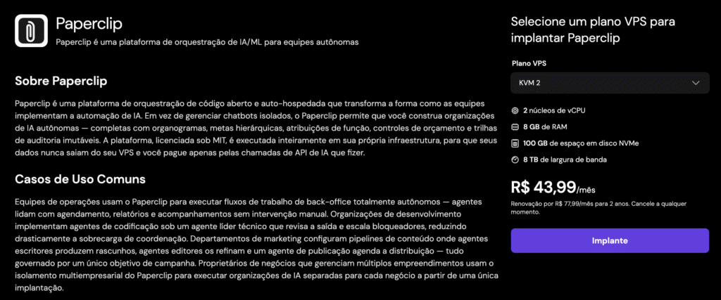P&aacute;gina do Paperclip VPS, com todos os detalhes, recursos e pre&ccedil;o do produto