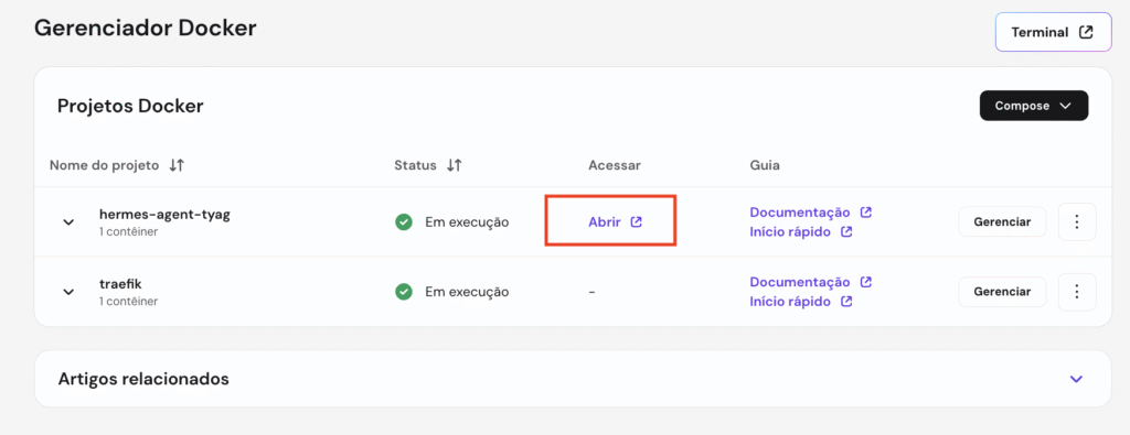 como configurar o hermes agent: Painel Hostinger de acesso e configura&ccedil;&atilde;o.