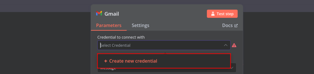Prompt de integra&ccedil;&atilde;o do Gmail no n8n mostrando bot&atilde;o para criar novas credenciais para autentica&ccedil;&atilde;o