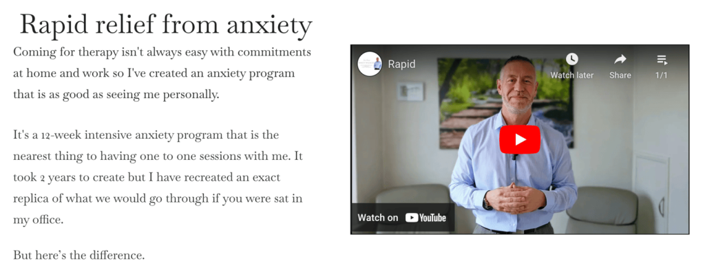 P&aacute;gina do produto Anxiety Breakthrough, mostrando detalhes e v&iacute;deo explicativo.