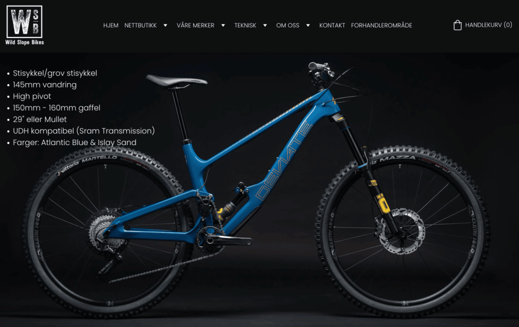 Design de p&aacute;gina de produto: P&aacute;gina de produto da Wild Slope Bikes, mostrando uma de suas bicicletas.