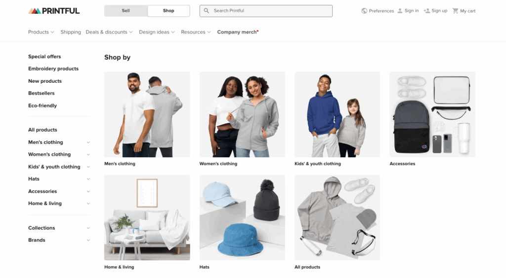 Cat&aacute;logo de produtos da Printful mostrando os tipos de produtos dispon&iacute;veis